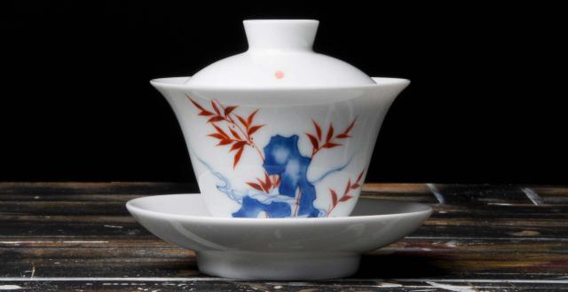 Celadon Porcelain GaiWan Blue and White Chinese Orchid Large Teaware with Bamboo Lid Rest Great Gift